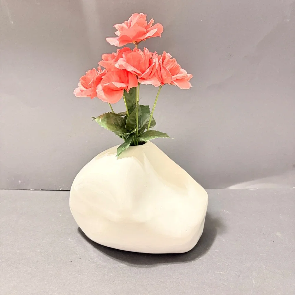 Modernist White Ceramic Asymmetrical Organic Pebble Bud Vase Sculptural Decor